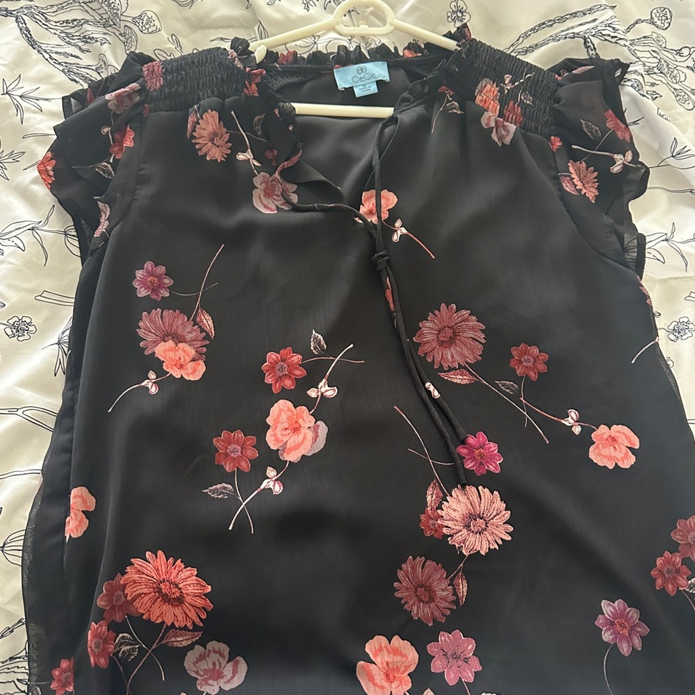 CeCe Black and Pink Ruffled Mandarin Collar Blouse